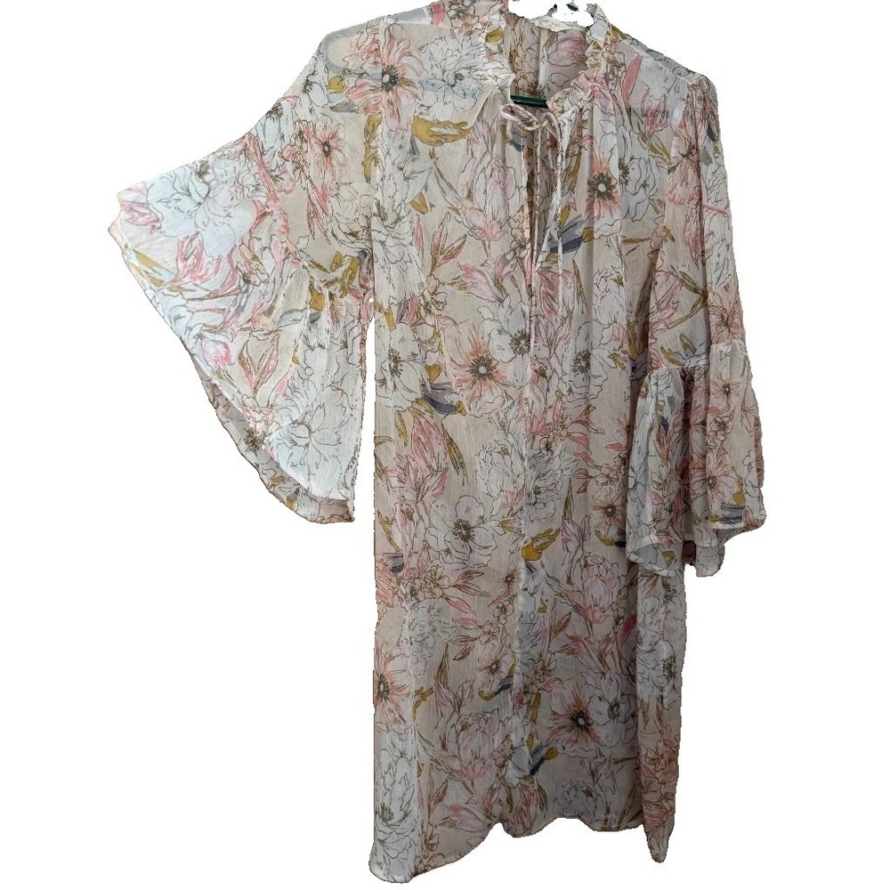 Lucky Brand Sheer Floral Chiffon Bell Sleeve Shift Dress XL Pink Boho Festival